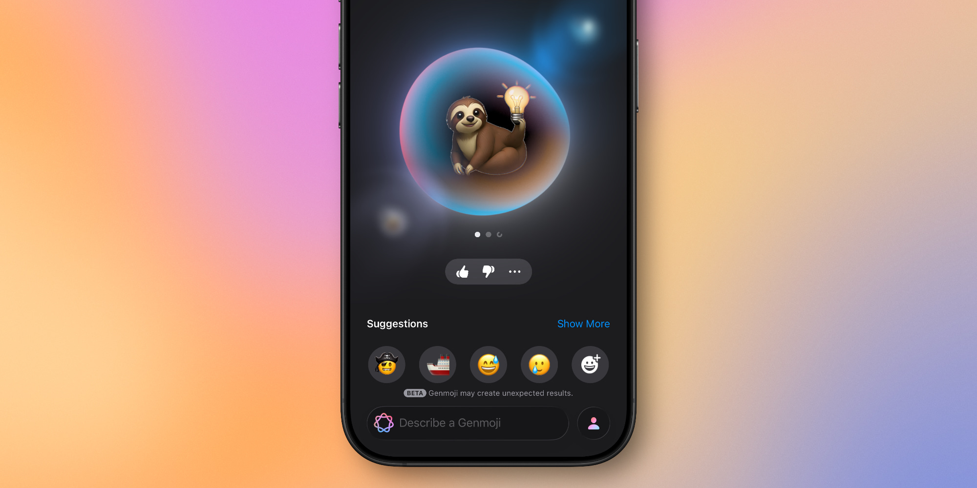 Genmoji feature in use, showing a custom sloth emoji