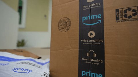 Amazon cardboard box with Prime tape
