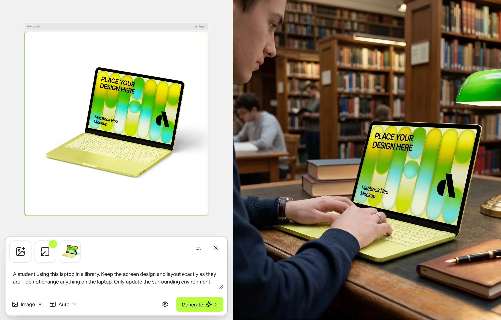 Student using a lime green MacBook Neo in a library