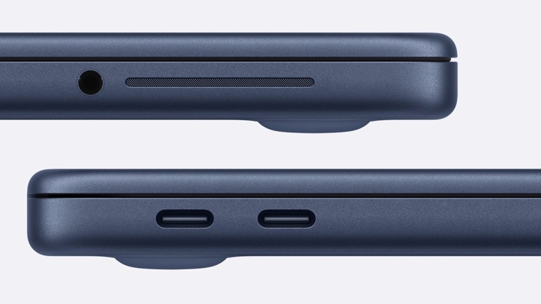 Side view of MacBook Neo showing USB-C ports and headphone jack