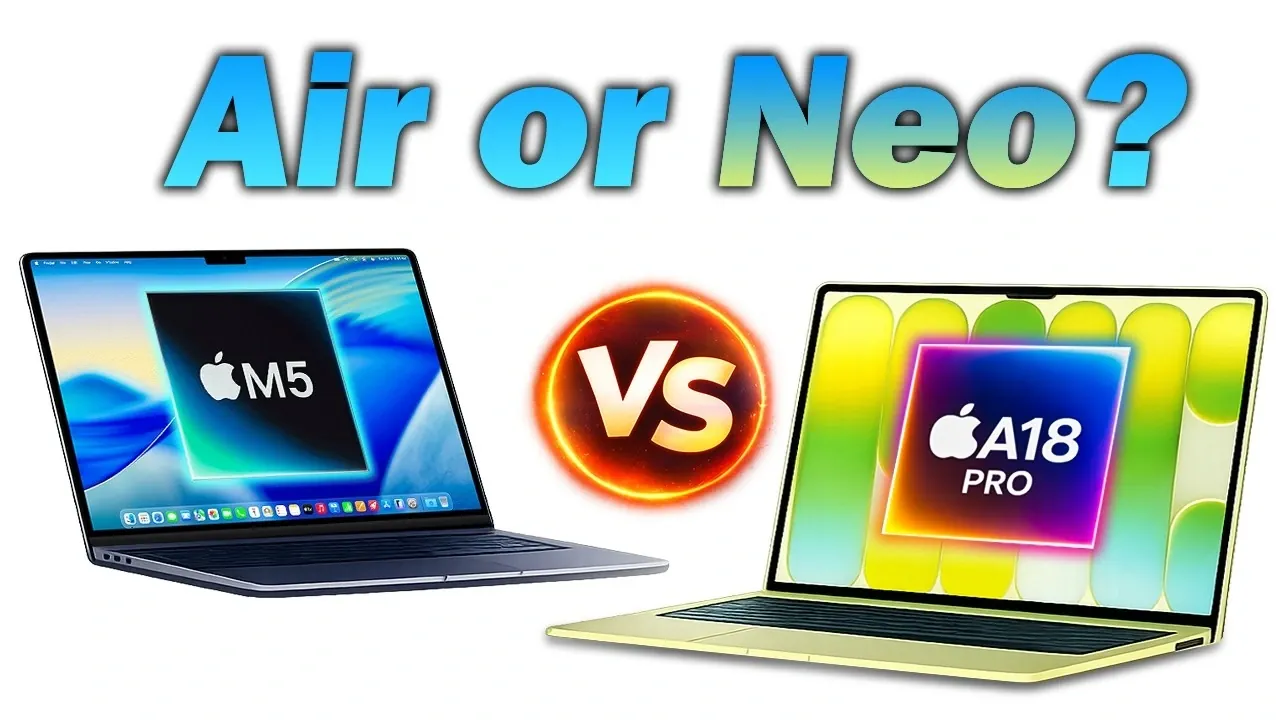 MacBook Neo and MacBook Air performance comparison chart showing A18 Pro vs M5 chips
