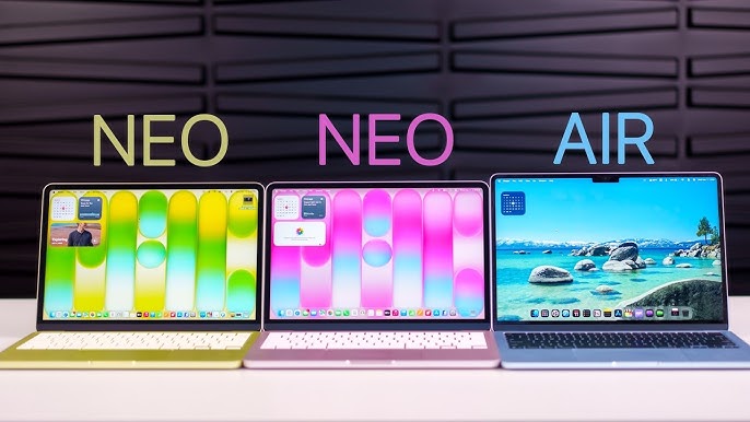 Side-by-side comparison of MacBook Neo and MacBook Air displays showing color difference