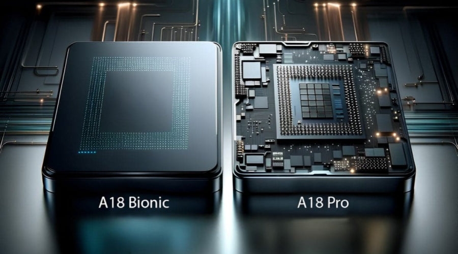 Close-up of A18 Pro chip with circuit board background
