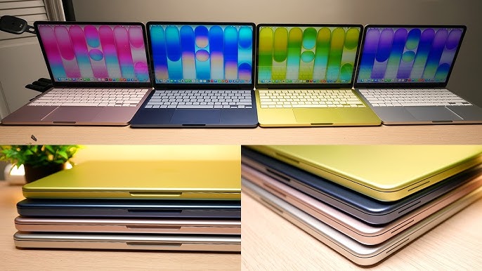 Three MacBook Neo laptops showing Indigo, Citrus, and Blush colors side by side